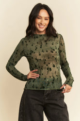 Davi & Dani Floral Mesh Long Sleeve Sheer Layering Top OutfitFlow